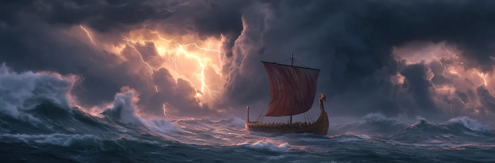A longship holding its course through a lightning storm